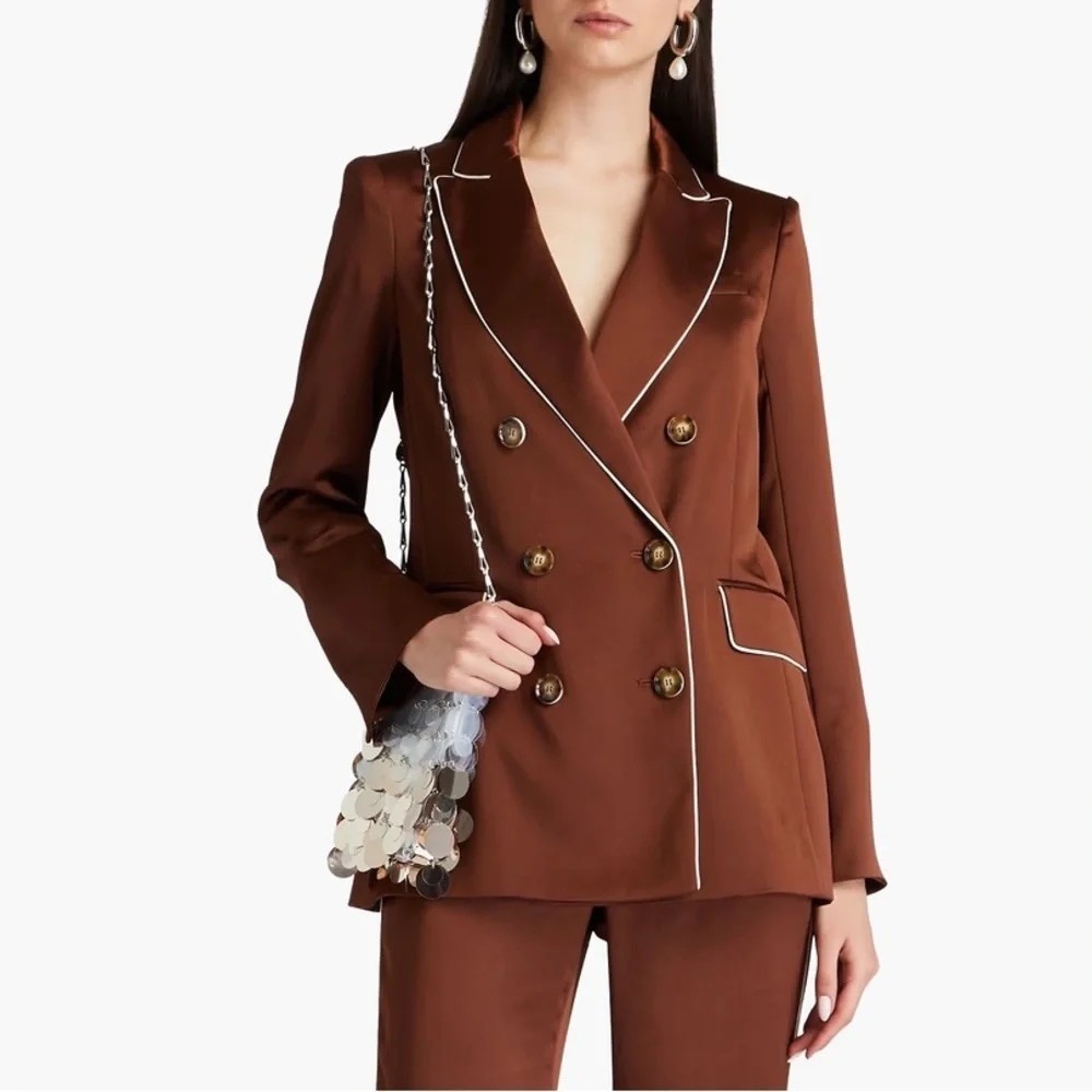Veronica Beard 2 Cognac Satin Double-Breasted Blazer Ivory Piping Quiet Luxury